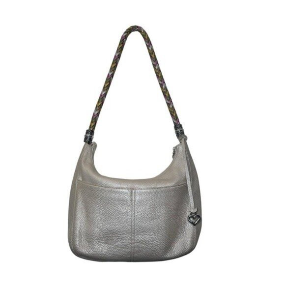 Brighton Barbados Pebbled Leather Handbag Purse Hobo Zip Top Ivory Pearl Multi - Picture 2 of 15